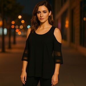 Black Cold Shoulder Top Women's Small Sheer Mesh Bell Sleeves Dress